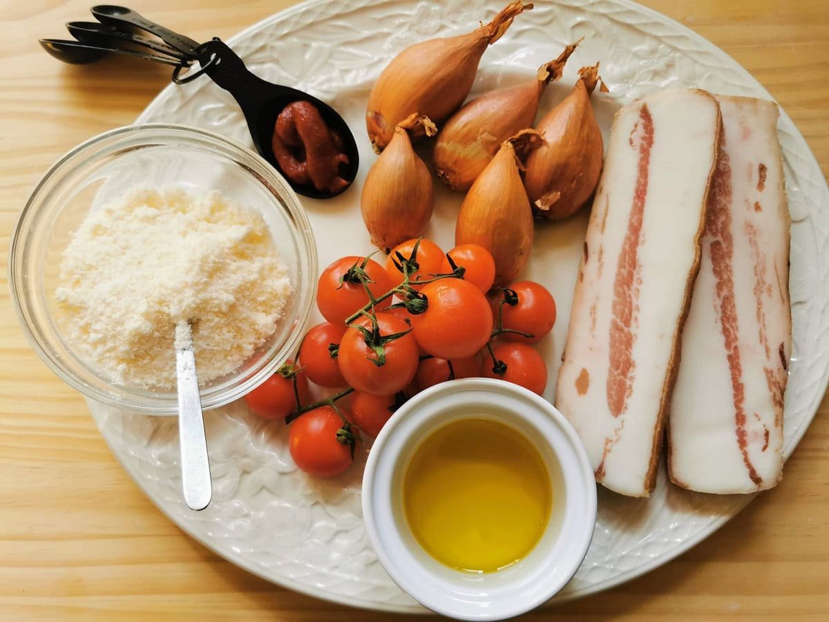 Ingredients for Rigatoni pasta with shallots and guancial on white plate.