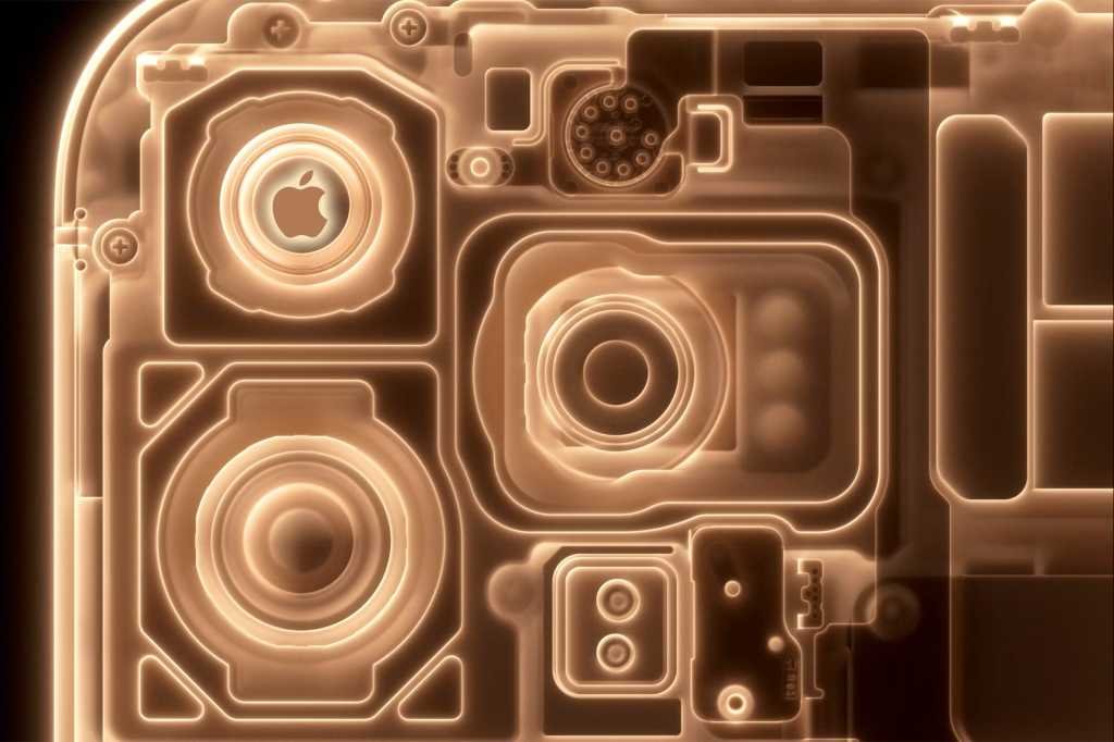 iPhone Pro camera array x-ray in gold with Apple logo in upper left