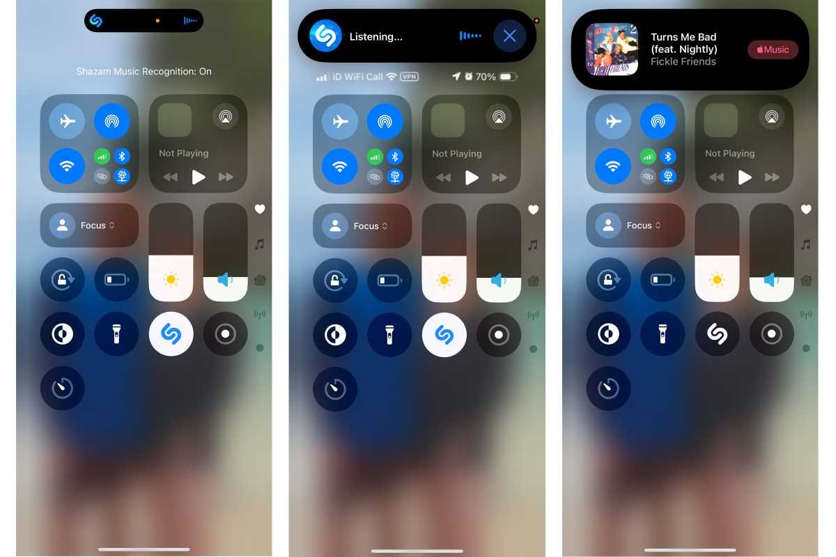 iPhone -Settings showing Shazam identifying a song