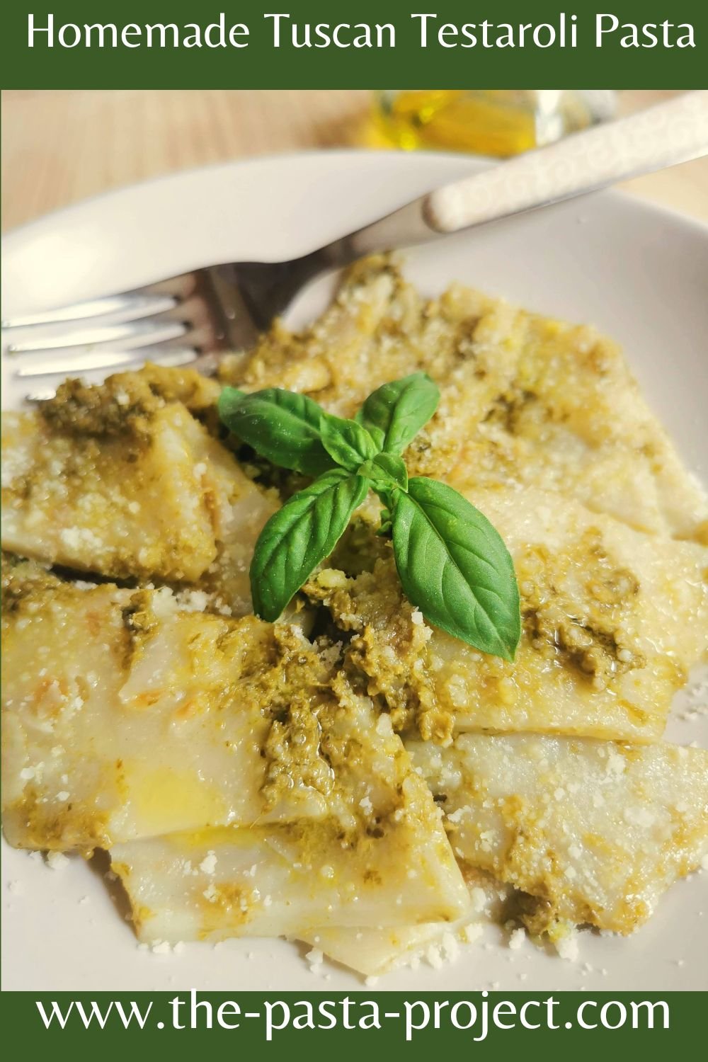 Verticle Pinterest image of homemade Tuscan Testaroli pasta.