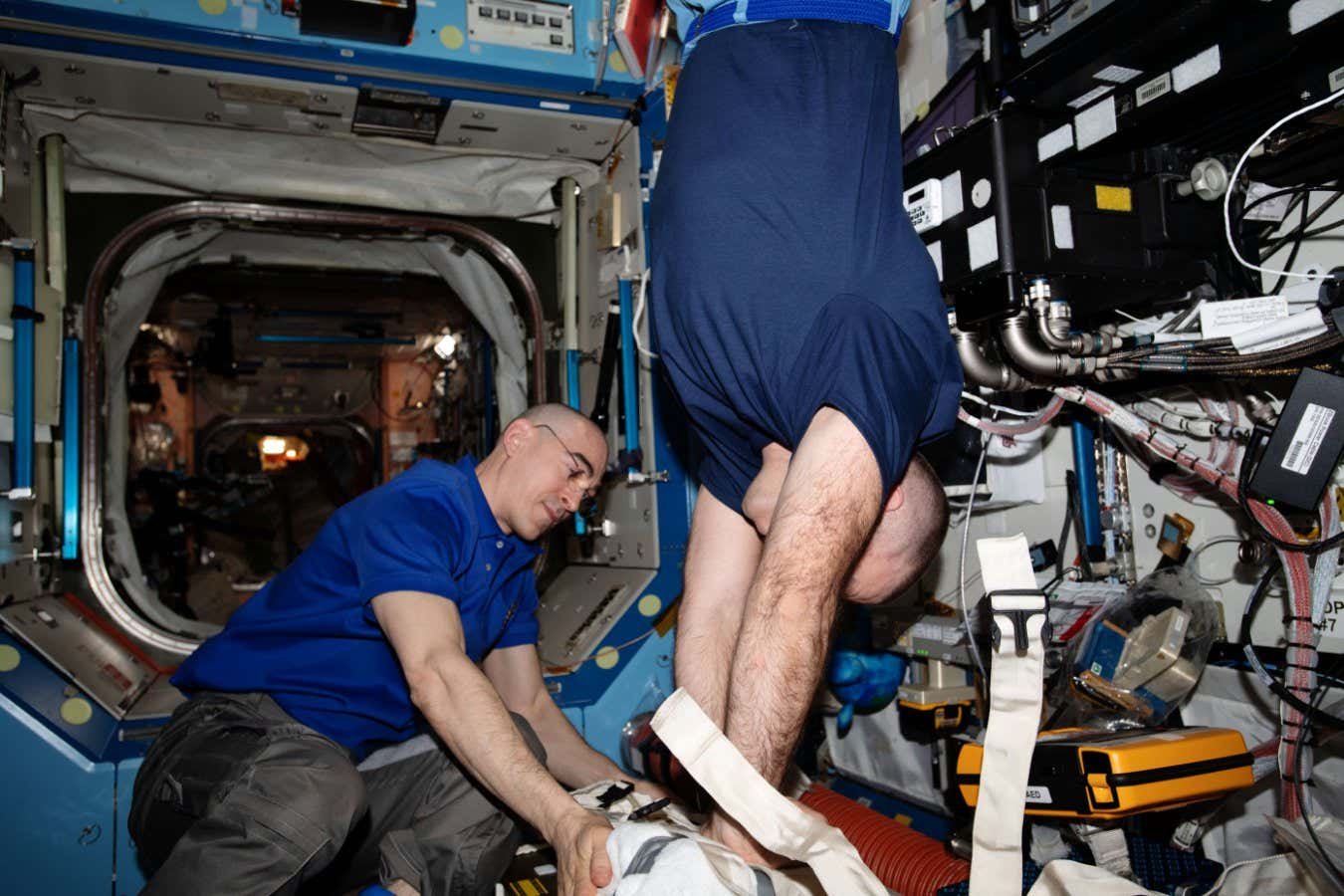 ISS063E005099 (May 4, 2020) --- Roscosmos Cosmonauuts and Expedition 63 Flight Engineers (from left) Anatoly Ivanishin and Ivan Vagner Practice Chest Technical Compression or Cardiopulmonal Resuscitation (CPR), during an emergency training. The herds aboard International Space Station regularly train for a number of emergency scenarios to remain familiar with medical hardware, safety equipment and evacuation paths. Mission Controllers on Earth also participate to maintain coordination and communication protocols.