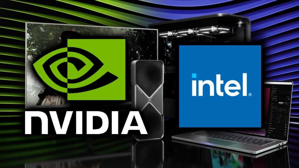 Nvidia and Intel logos over green and blue computer, GPU backdrop