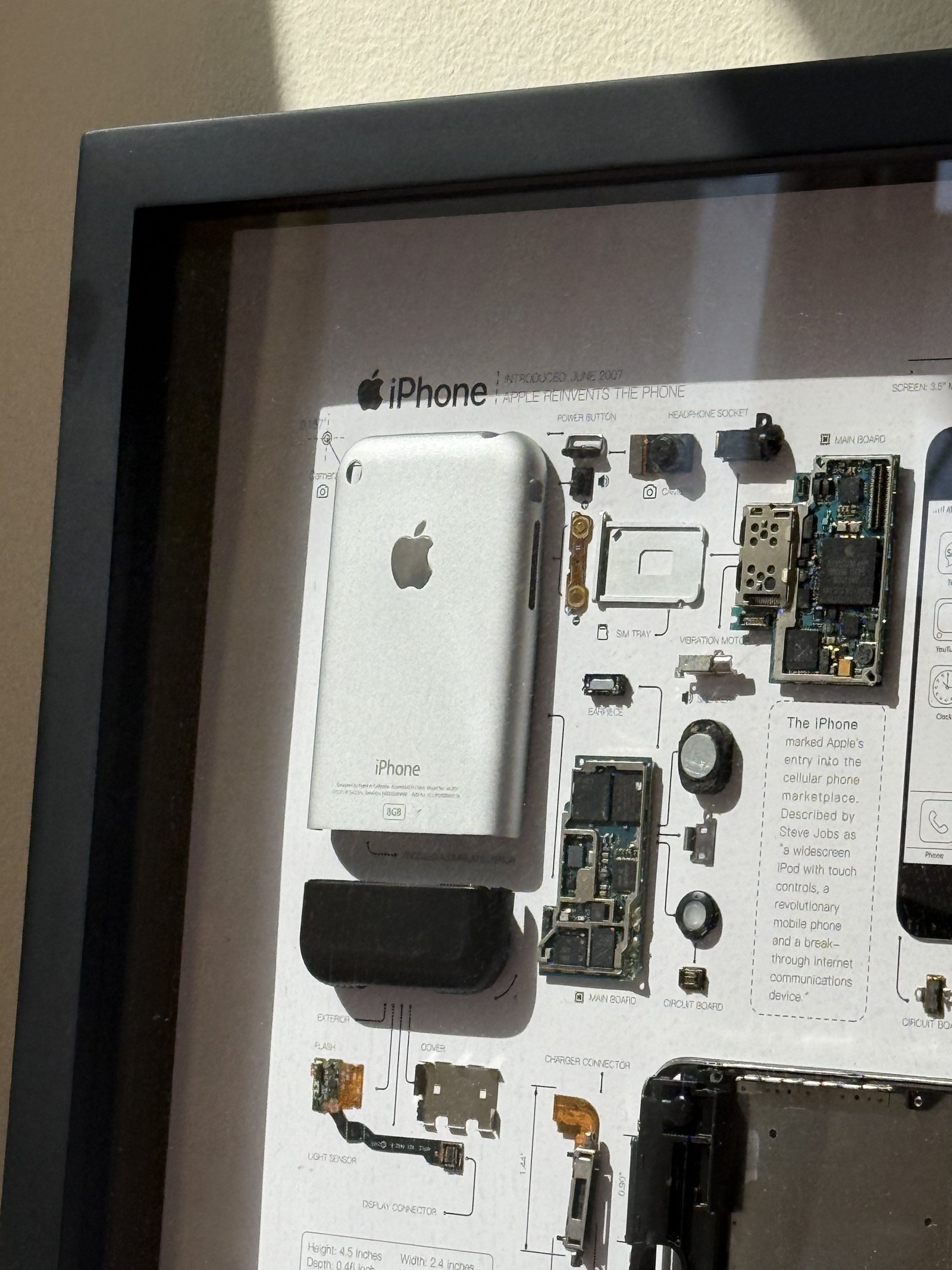 Image of the original iPhone in a frame with iPhone 16 Pro Max at 5x Telfoto