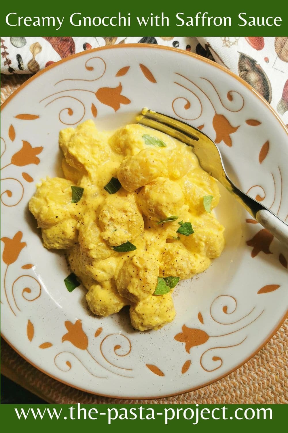Verticle image for Pinterest of creamy gnocchi with saffron sauce.