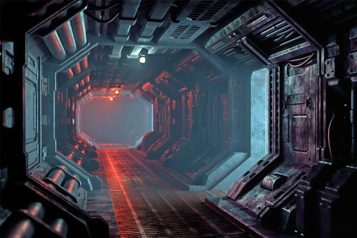 In the grim, industrial corridor in an abandoned space hip